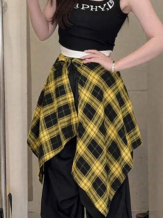 格子裹身裙女款连体系带不对称下摆半身裙