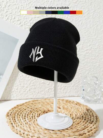 1 件男女通用刺绣“NY”字母户外徒步街头休闲亚克力无檐便帽，纯色，针织帽，秋冬秋季服装