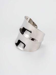 1pc Exaggerated Geometric Asymmetrical Curve Smooth Bangle, Liquid Wrinkle Texture Metal Wrinkle Bracelet, Personalized Versatile Alloy Cuff, Thick Bracelet For Women, Silver Wide Wrist Stacking Fashion, Statement Cuff Bracelet, Fashionable Jewelry Gift Accessory, Women Silver Bracelet, Accessory