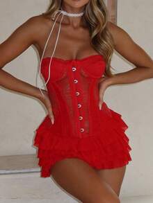 Women Corset Lace Mini Dress Off The Shoulder Bustier Short Dresses Layered Ruffle Lace Hem Party Club Dress - 紅色 - 查看 2