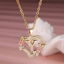 Heart Letter Rose Flower Necklace, Women's Fashion Pendant Valentine's Day Gift - Y - 查看 12