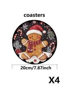 4 Stück Weihnachts-Lebkuchenmann runde hitzebeständige Diatomeen-Erde Untersetzer/Tischsets mit Weihnachtsmann-Mütze und Schal-Design - geeignet für Weihnachts-Esszimmer, Weihnachtsparty-Dekoration, Weihnachtstisch-Dekoration, nur von Hand waschen