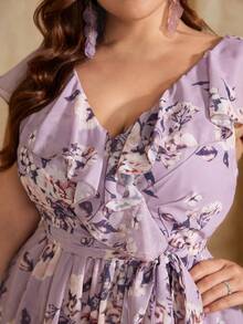 UNITHORSE Non-Positioning Flower V-Neck Ruffle Collar Detachable Tie Asymmetrical Ruffle Hem Printed Bridesmaid Dress - Purple - View 4