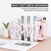 A Complete Set Of Sturdy Multi-Purpose Retractable Bookends With Pen Holder Hooks And Storage Boxes, A Set Of 6 Foldable Space-Saving Desktop Bookshelves, Durable Metal Book Storage Racks With Thick Dividers, Suitable For School, Office, Home Desktop Organization, An Ideal Student Gift, Thanksgiving Gift, Halloween Gift, Christmas Gift. - Hồng - Xem 5