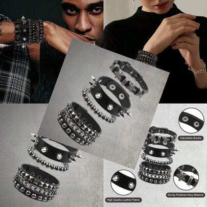 4 Pcs Punk Rock Studded Bracelet Set Leather Cuff Bracelets For Men Women 80s Emo Goth Accessories