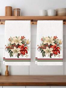 2pcs Christmas Kitchen Towels, Polyester Hand Towels With Flowers Pattern, Super Soft Woven Dishcloths, Machine Washable, Ideal For Restaurant, Kitchen, Christmas Holiday Decoration And Gifting - Multicolor - View 1