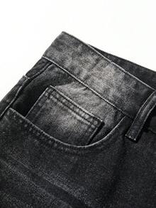 HEHCN 男士复古破洞宽松直筒牛仔裤，美式休闲街头阔腿牛仔裤，适合送给丈夫/男朋友的礼物，垃圾摇滚 - 黑色 - 查看 5