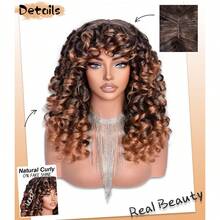 18-Inch Synthetic Curly Wig With Bangs, Fluffy Christmas Wig For Women, Heat Resistant Cosplay Wig - Brown Ombre - View 3