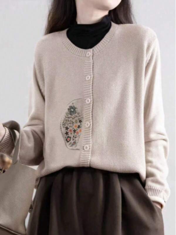 Loose Round Neck Embroidered Single-Breasted Retro Minimalist Cardigan Sweater Jacket, Fashion Versatile Embroidered Knit Sweater Jacket