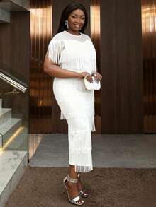 Áo kiểu nữ cỡ lớn màu trắng có tua rua, tay ngắn, đầm midi thanh lịch có tua rua thích hợp cho tiệc tùng mùa hè. - trắng - Xem 6