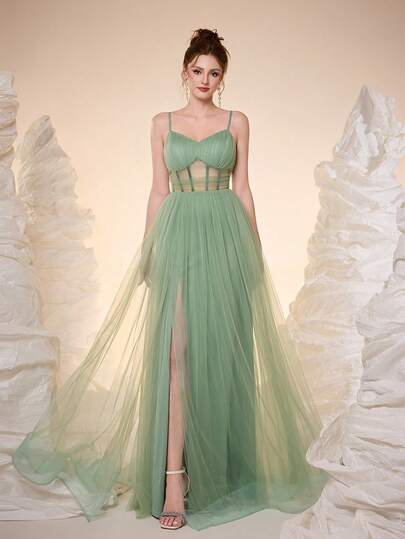 Magiacy New V-Neck Spaghetti Strap Solid Color Bridesmaid Dress With Pleats, High Slit, And Mesh Long Skirt Wedding Spring