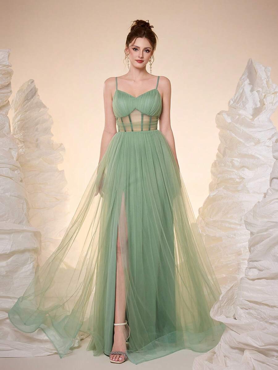 Đầm phù dâu Magiacy mới, cổ chữ V, dây mảnh, màu trơn, xếp ly, xẻ cao và chân váy dài bằng vải lưới, thích hợp cho đám cưới mùa xuân. - màu xanh lá - Xem 1