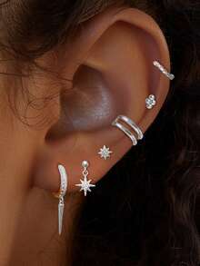 6 Pcs Lucky 24K Gold Plated Cubic Zirconia Stars Stud Earrings For Women Zirconia Drop Dangle Hoop Earrings Set