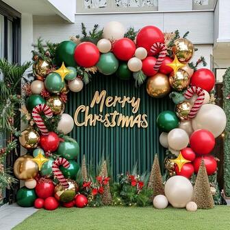111 件圣诞主题红绿金白沙乳胶气球拱门套装适用于圣诞派对淋浴周年纪念节日室内户外派对装饰用品