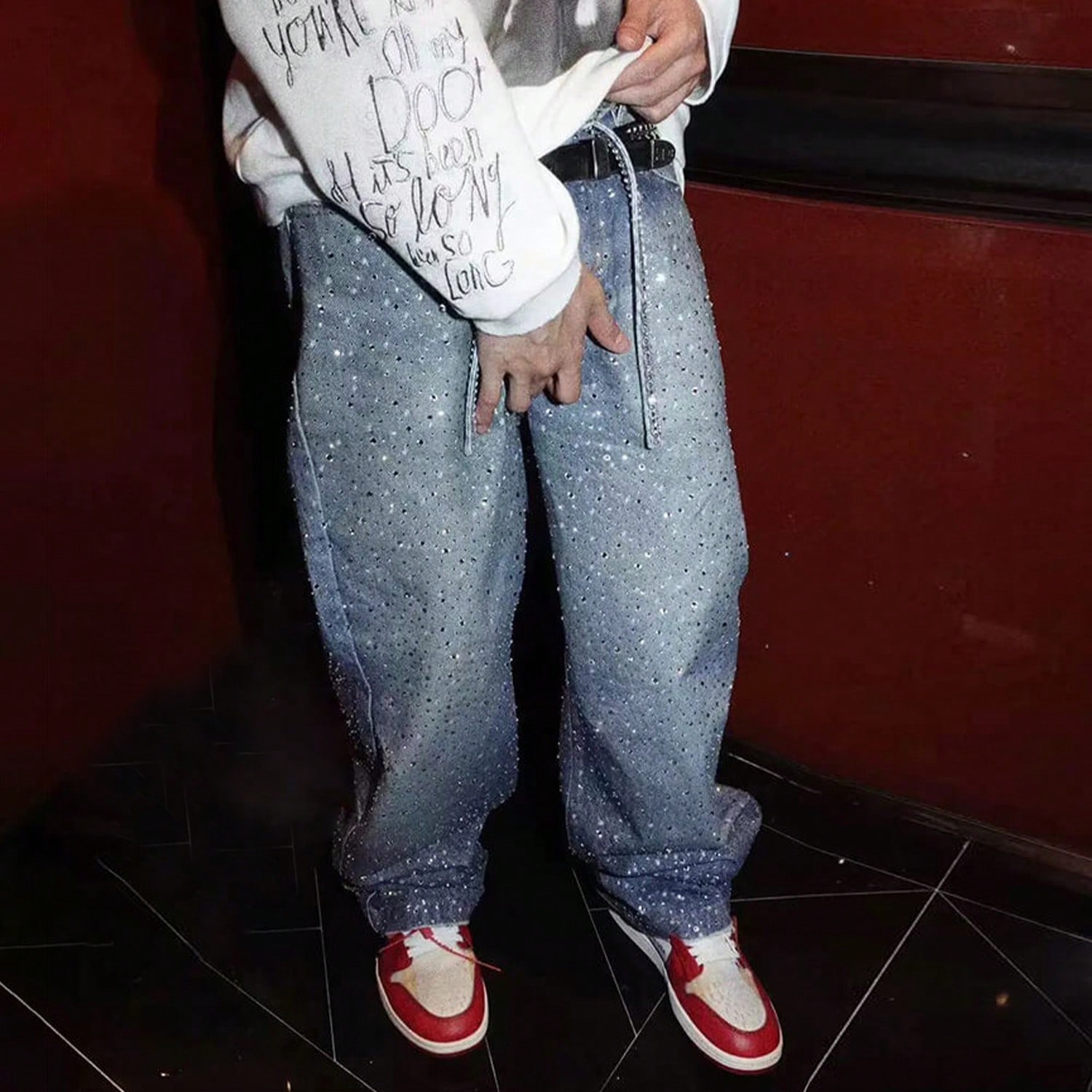 Jeans rectos de color azul claro con decoración de rhinestones para hombres, estilo callejero de moda, para todas las estaciones