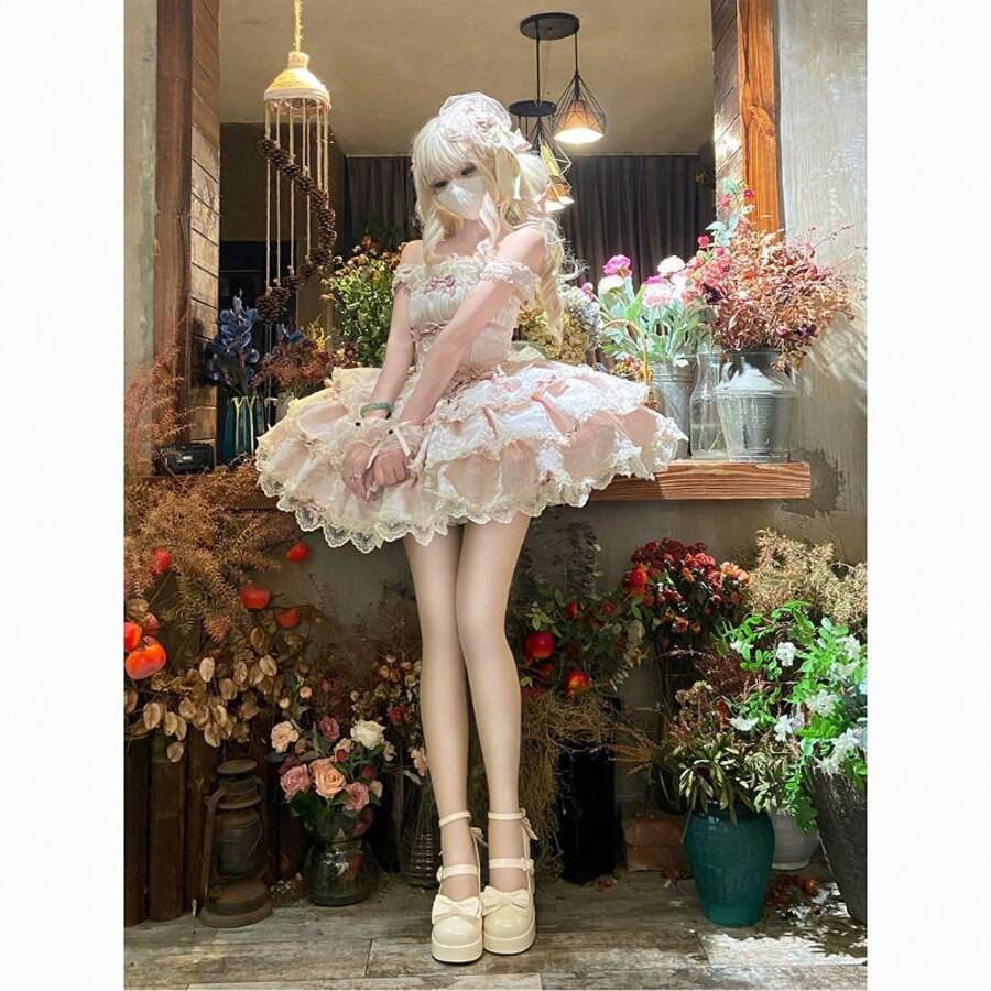 シルバームーンオリジナルバレエおもてなしロリータドレスバレエスタイルドールセンスサスペンダーデイリードレスロリータドレス - ピンクのジャンパースカート+ネックチェーン+袖 - チェックする 1