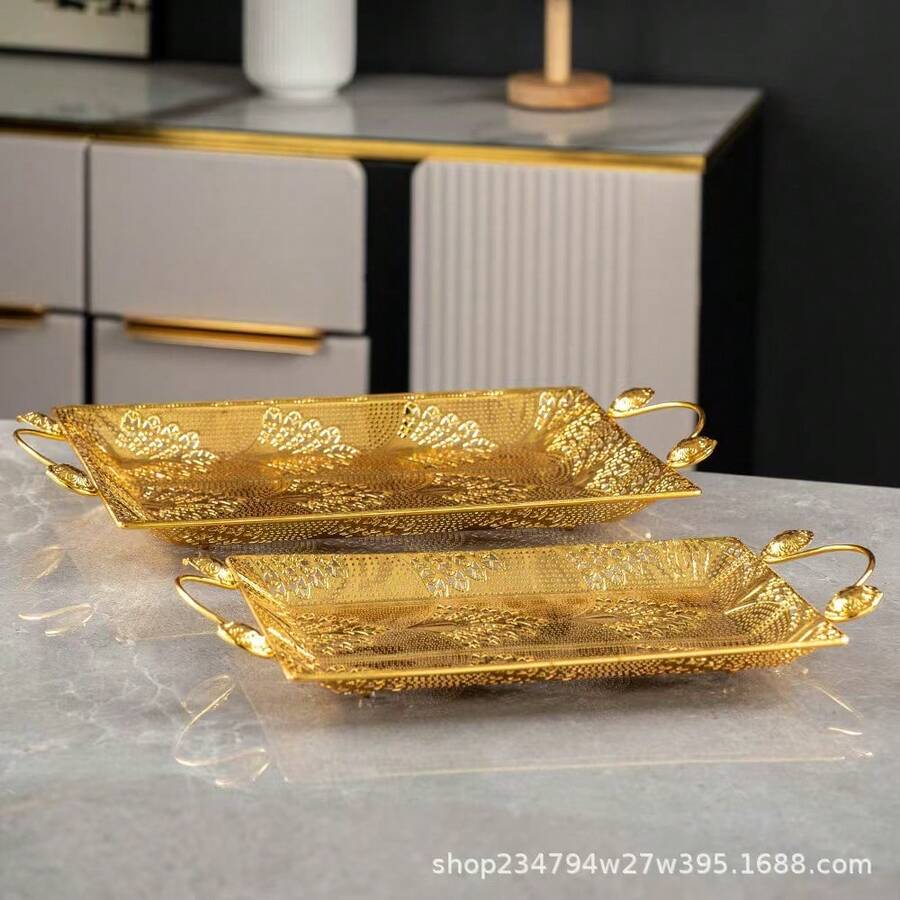1pc Gold Rectangular Tray, Gold Hollow Gift Fruit Snack Jewelry Paper Towel Storage Plate - Gold - View 1