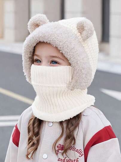 1pc Kids Beanie Hat With Scarf, Cute Bear Ear Knitted Balaclava For Boys Girls, Warm Windproof Outdoor Hat For 3-12 Years Old
