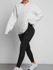 Women's Two Pieces Casual Women's Wear Simple Round Neck Long-Sleeved Top Leggings Suit Suitable For Home And Outing Sports Casual Suit - 黑與白 - 查看 5