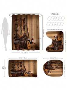 1/4 Pcs Denim Guitar Print Bathroom Set, Waterproof Shower Curtain With Hooks, Non-Slip Bath Mat, U-Shaped Toilet Mat, Toilet Lid Cover, Bathroom Accessories, Musical Art Decor