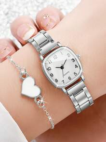 Set de 2 relojes de mujer con esfera cuadrada minimalista y correa de acero + pulsera - Plateado - Ver 2