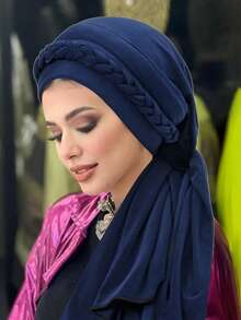 1 件纯色柔软女士系带十字装饰穆斯林头巾围巾（带领带）