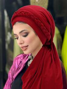 1 件纯色柔软女士系带十字装饰穆斯林头巾围巾（带领带）