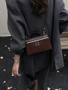 全新哑光拼布迷你手提包斜挎包手机袋，时尚通勤包 - 咖啡 - 查看 3