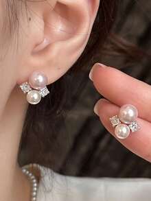 1 对精致粉红珍珠和锆石耳钉，百搭奢华优雅女士耳环 - 粉紅白色 - 查看 4