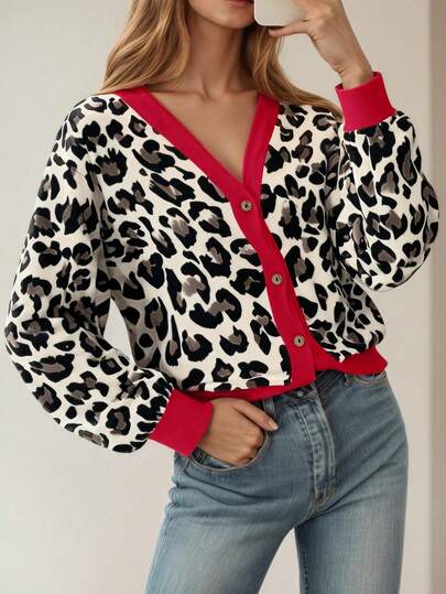 Women's Leopard Print & Red Contrast Style Christmas/New Year Casual Daily & Party Outfit, Long Sleeve Button-Front V-Neck Cardigan With Loose Fit & Open Front Option, Fashionable Knitwear For Autumn/Winter Fashion Enthusiasts
