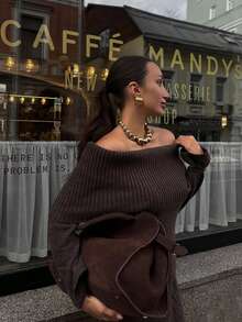 HoloChill Women Young Influencer Style Solid Color Off Shoulder Ribbed Casual Pullover Sweater, Summer Casual New Arrival Carnival