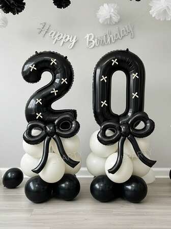 19 st/set 32-tums svarta siffror 0-9 dekorativa födelsedagsfestballonger, trendigt svartvitt födelsedagsdekorationsset | Svart folie siffrordekor och monokrom estetisk design | Fotobakgrundsrekvisita på influencer-nivå | Lyxigt set med svartvit rosettballongbukett | Svarta rosettformade folieballonger, 10-tums svartvita latexballonger