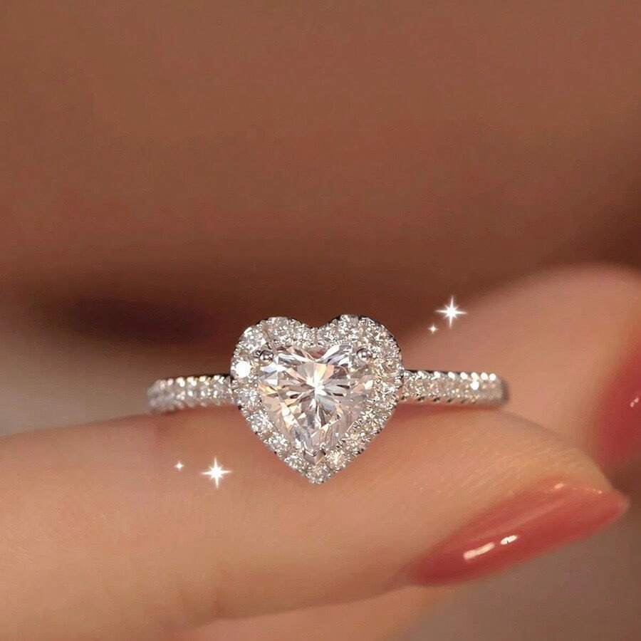 1pc Lovely Heart Zirconia Silver Ring, Valentine's Day Gift For Women - White - View 1
