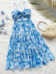 Missord Women's Summer Floral Strappy Knotted Dress - 藍白色 - 查看 9