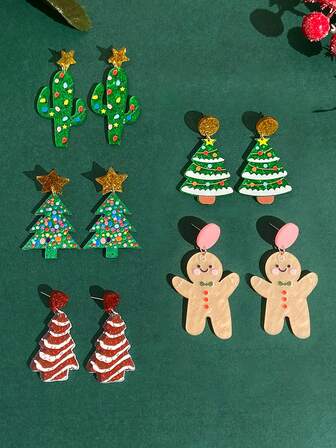 1 Pair Acrylic Christmas Earrings, Creative Christmas Tree & Cactus Design, Christmas Party Earrings, Holiday Gift, Suitable For Daily Wear And Christmas Parties