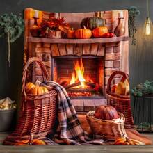 Cozy Fireplace With Pumpkins Printed Blanket - Soft Lightweight Flannel, All-Season Warmth For Sofa, Bedroom, Living Room, Bed, Couch, Chair, Office, Camping - Machine Washable, Contemporary Style, Perfect Gift For Family & Friends, Fireplace Decor