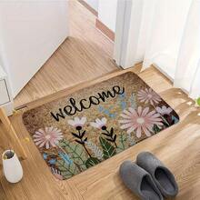 1PC Flannel Floor Spring Daisy Welcome Letter Pattern Decorative Doormat Non-Slip Floor Home Bathroom Indoor Entrance Door Kitchen Living Room Bedroom Front Door Decoration Mats Multiple Styles And Sizes - 黑色 - 查看 3