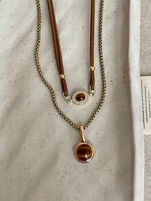 1 件/套复古优雅多层虎眼石吊坠项链，女士双层锁骨链首饰套装，女士日常派对配饰，时尚首饰，最佳朋友礼物，秋冬毛衣链首饰礼物 - 彩色 - 查看 17