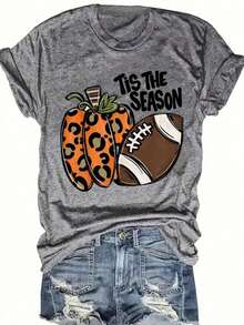 Thanksgiving Animal & Letter Print T-Shirt, Casual Short Sleeve Top For Spring & Summer, Women's Clothing Comfort Tops - Light Gray 2 - View 12