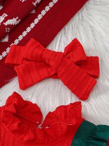 2 Stück Baby Mädchen Weihnachts-Outfits: Rot gestrickter Jacquard Rüschenkragen bestickter Buchstaben Langarm-Oberteil kombiniert mit grünem Schleifen-Weihnachts-Muster 2-in-1 Trägerkleid, mit rotem Jacquard-Stirnband, Frühling/Herbst