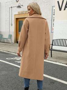 Saodimallsu Women's Elegant Long Wool Blend Coat Winter Double Breasted Pea Coat Notched Lapel Overjacket - Lạc đà - Xem 3