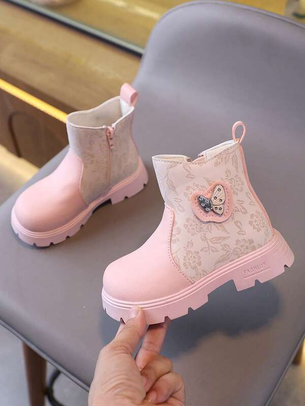 1 Pair Children's Fashion Casual Anti- Boots, Colorblock Butterfly Print, Side Zipper, Suitable For Girls, Travel & Vacation Outfits, Spring/Autumn