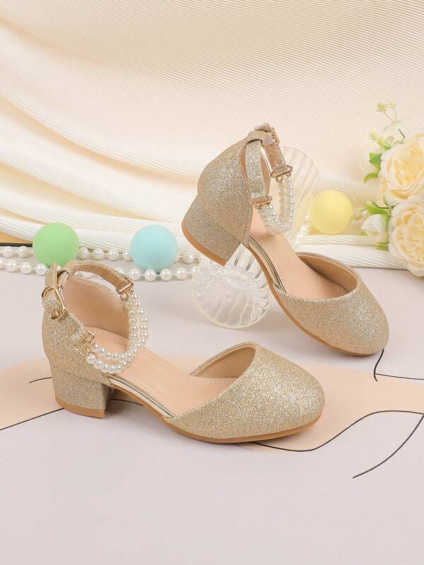 Blumenmädchen Schuhe für Hochzeit, Party, Feiertage, geeignet für Mädchen aller Altersgruppen, Kinderschuhe, klassisch bequem vielseitig, goldene minimalistische Perlen funkelnde Absätze, Abendkleid, Aufführung, Ballett, Mary Jane, Prinzessinnenschuhe