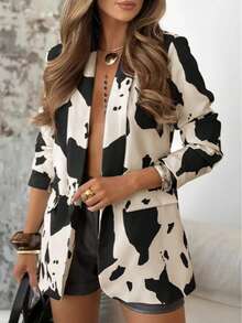 女式休闲通勤长袖仿口袋西装外套，秋季 - 乳牛色 - 查看 2