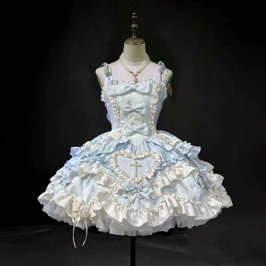 Butterfly Heart Lolita Original Dress JSK Halter Neck Daily Dress Bow Princess Style Lolita - 淺藍色短裙+吊帶 - 查看 1