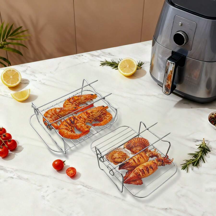 6pcs Air Fryer Rack, Steam Rack, Double Pot Accessories, Rectangular Grill Rack, Stainless Steel Double Layer Steamer Rack, Home Oven Fish Grill Rack, Multi-Functional Rectangular Rack, Food Contact Kitchen Tool, Compatible With Most Air Fryers, Convenient For Cooking, Cooling Rack, Dehydrating Rack, Baking Rack, Air Fryer Accessories, Halloween Christmas Gift, Happy Eid, Perfect Mom Gift, Cooking Gadget