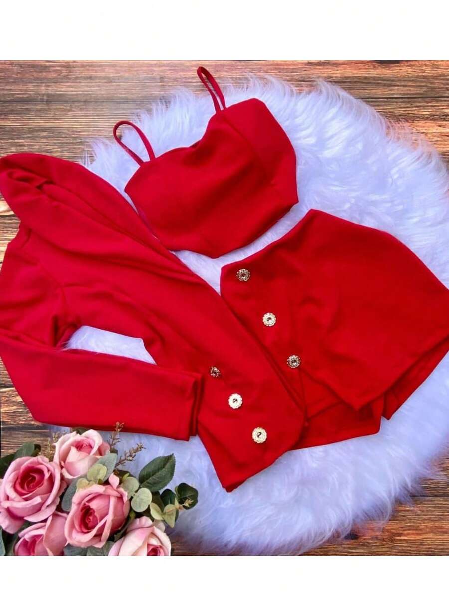 Women's 3-Piece Social Set Blazer + Cropped Top + Short Skirt With Trijunto Details - 紅色 - 查看 1