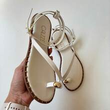 Women's Flat Sandals With Embellished Details, Pink Toe, Elegant, Blogger, Luxury, Tropical, Outdoor, Buckle - 白色 - 查看 8