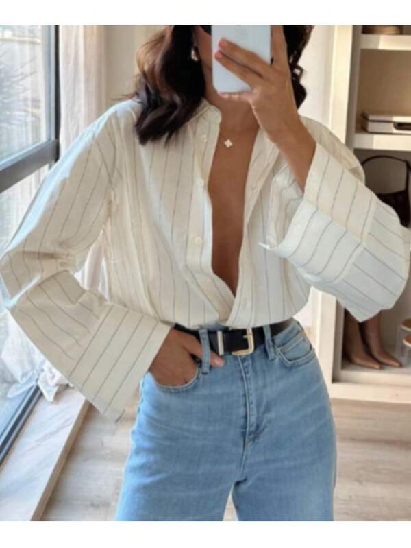 Women's Casual Front Button Long Sleeve Striped Shirt, Suitable For Halloween, Easter, Holiday & Daily Wear, Autumn