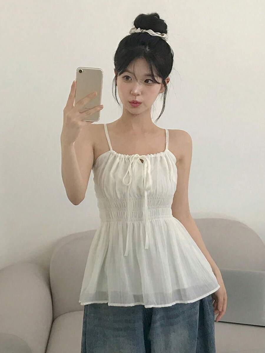 Yorily Women's Solid Color Bowknot Front Design Camisole, Fresh Style For Spring/Summer Casual White - White - View 1